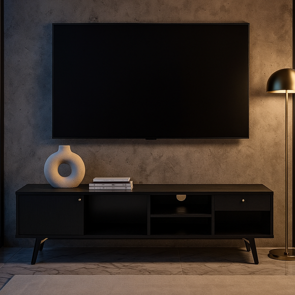 Modern living room with a television mounted on a wall, a black entertainment console, and a gold floor lamp.