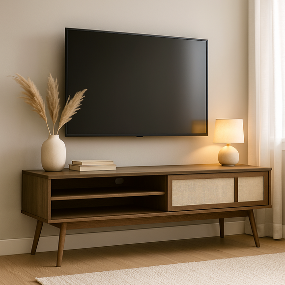 Wooden TV stand with a television, lamp, and decorative items in a room.