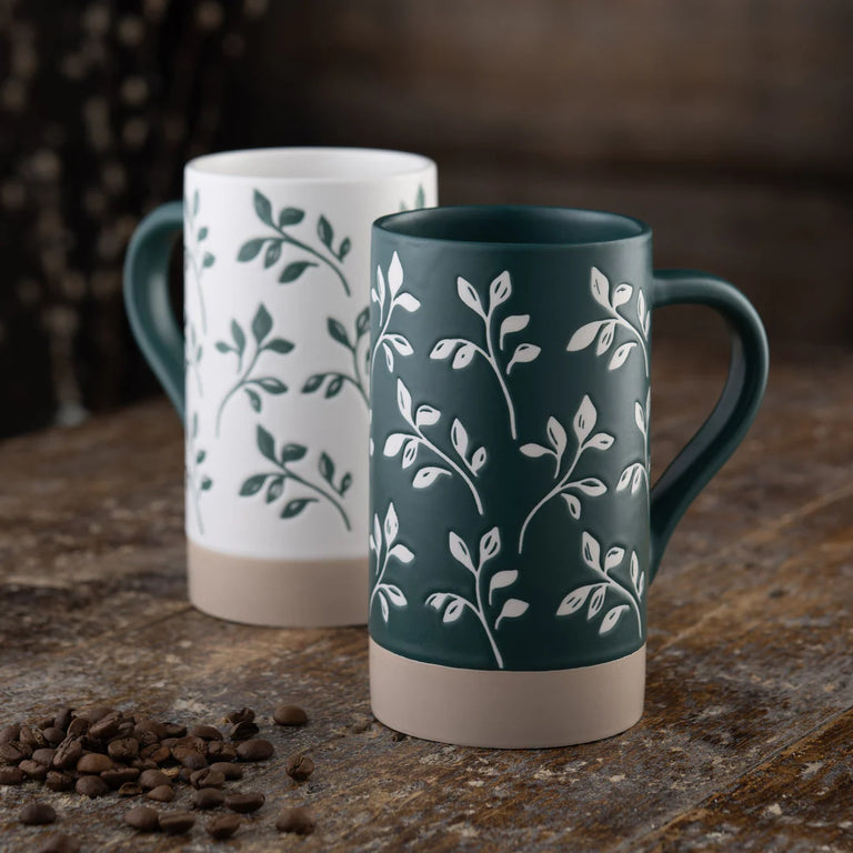 Belleek Living Flora Tall Mugs Set of 2, Fine China 580ml Teal & White Leaf Design – Cups and Mugs Collection