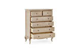 Transform your bedroom with this French-inspired chest of drawers featuring ornate detailing and beautiful curves.