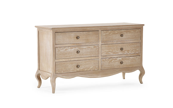 Add sophistication to your bedroom with the Camille 6 Drawer Wide Chest, a French-inspired masterpiece from Foy and Company.