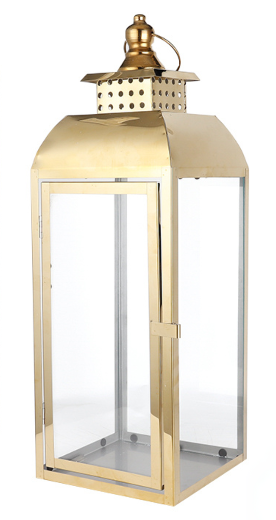 Elevate your decor with the Tiffany Lantern in a luxurious gold finish, available in a medium size. Add a touch of elegance and sophistication to your space with this stunning lantern.