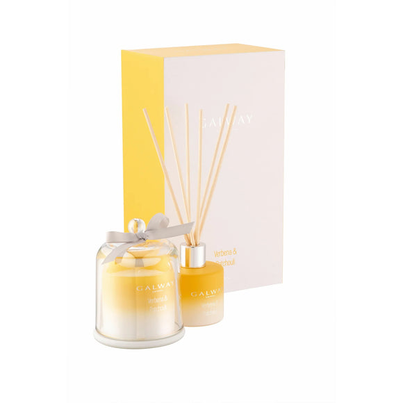 An image showcasing the Galway Crystal Verbena And Patchouli Gift Set, an elegant presentation of a scented candle and diffuser, perfect for gifting or elevating your ambiance.