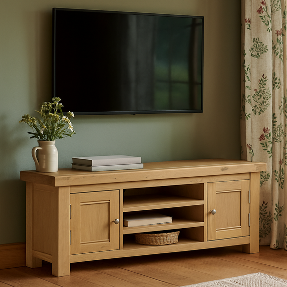Wooden TV stand with a television mounted on a wall in a room with  curtains.