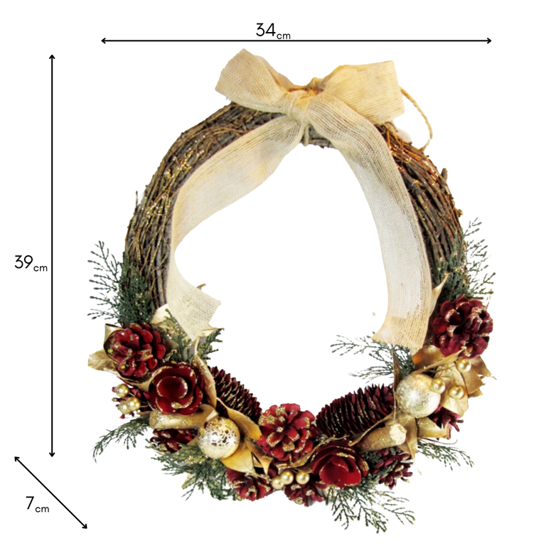 Wall Hanging Christmas Decoration Wreath with Red Cones & Gold Baubles – 39cm