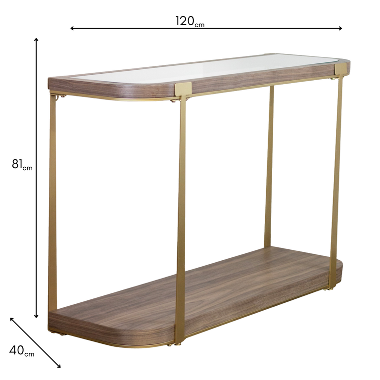Hannah Console Table 120cm – Glass Top Gold Frame with Lower Shelf