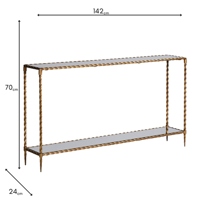 Golden Twist Narrow Console Table with Mirrored Shelves