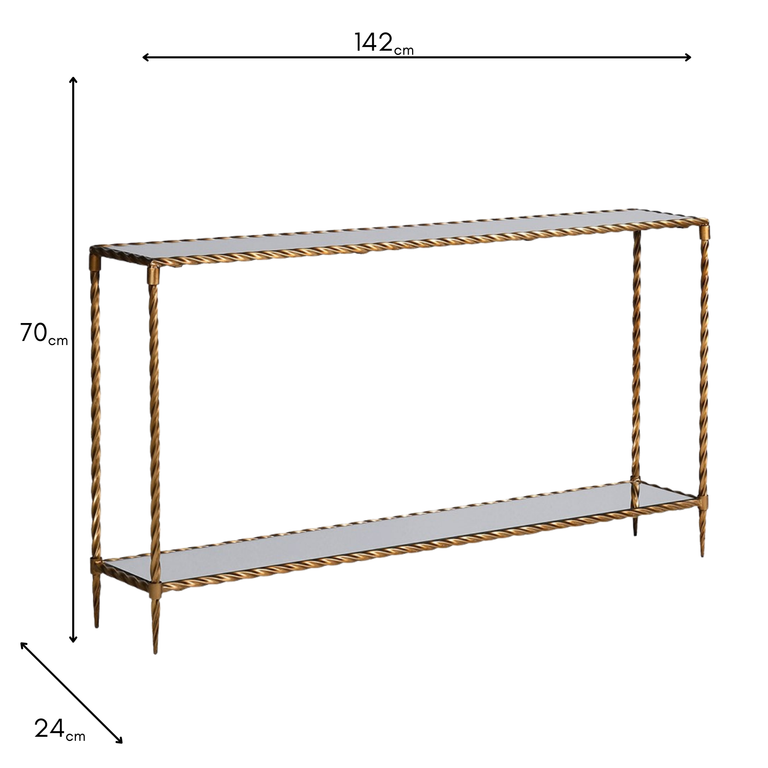 Golden Twist Narrow Console Table with Mirrored Shelves