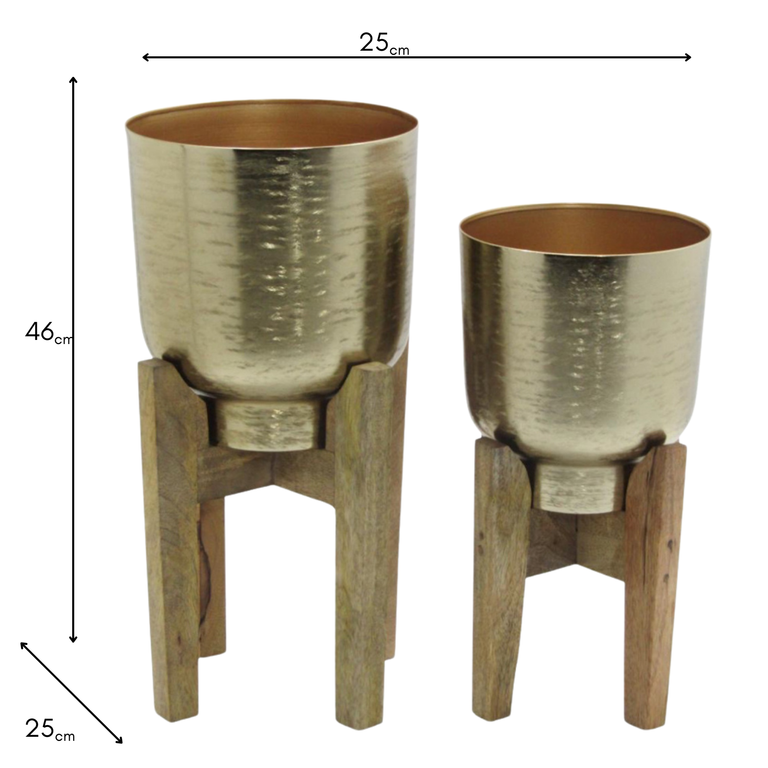 Aruna Gold Planters – Set of 2 Planter Pots with Mango Wood Stand