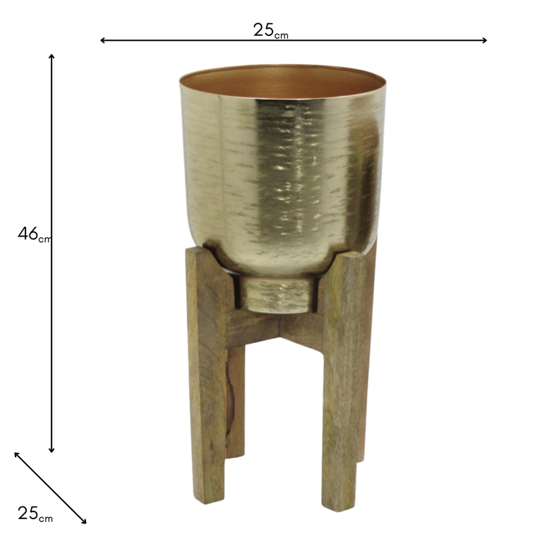 Aruna Large Gold Planter Pot with Mango Wood Stand – Premium Homeware