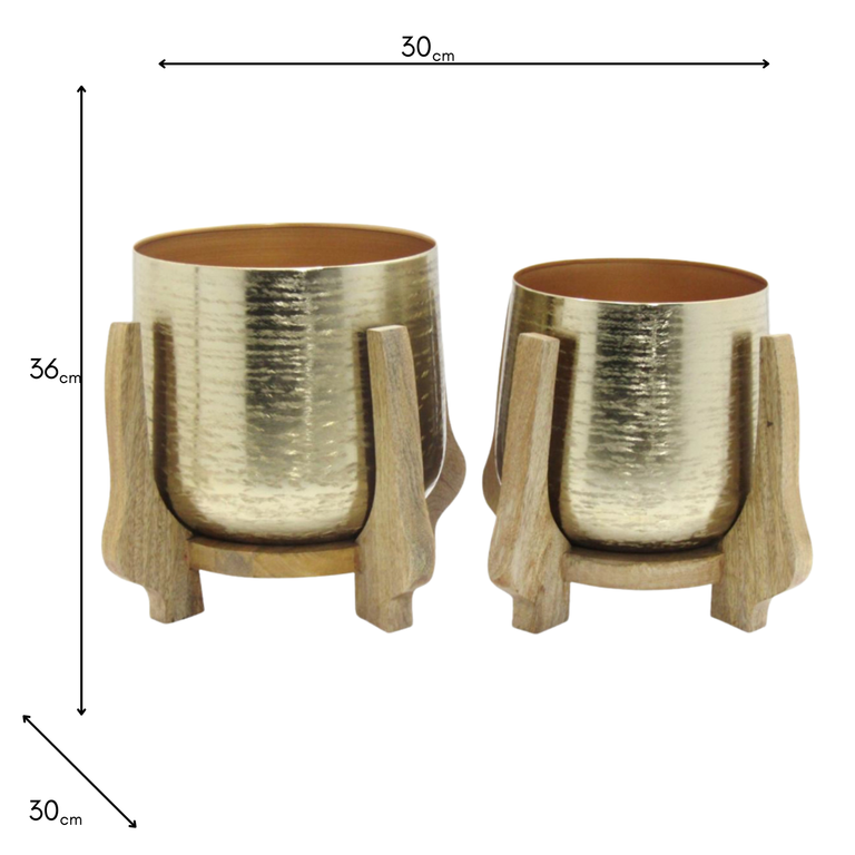 Chandra Set of 2 Gold Planters with Mango Wood Stand – Homeware Accent