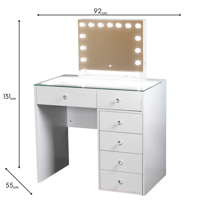 Erika Hollywood White Dressing Table with Mirror & LED Lights – 92cm Vanity