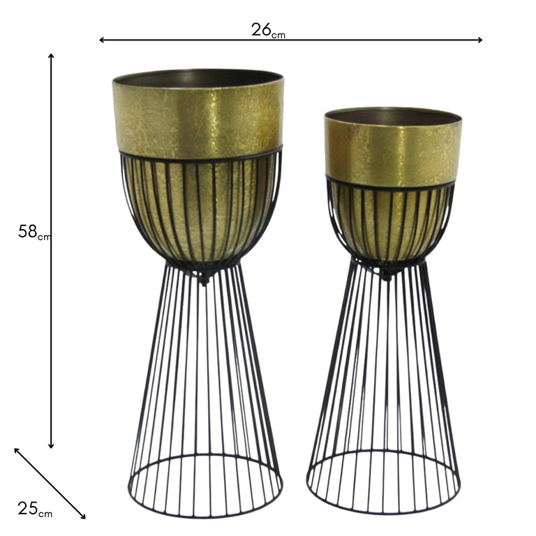 Sana Brass & Black Planters – Modern Set of 2 Planter Pots With Stand