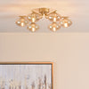 Ede six light semi flush ceiling light in satin gold with amber glass - view 4