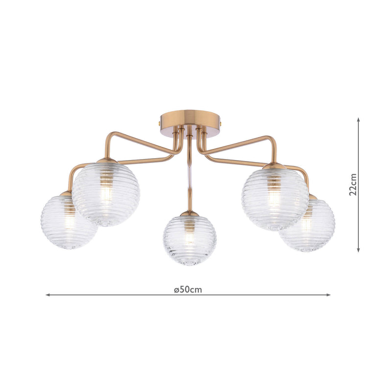 Feya 5 Light Semi Flush Antique Bronze with Amber Hammered Glass