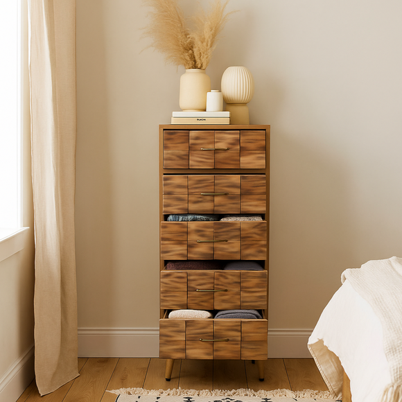 Fermosa Wood Chest with 5 Drawers in a stylish bohemian-inspired bedroom