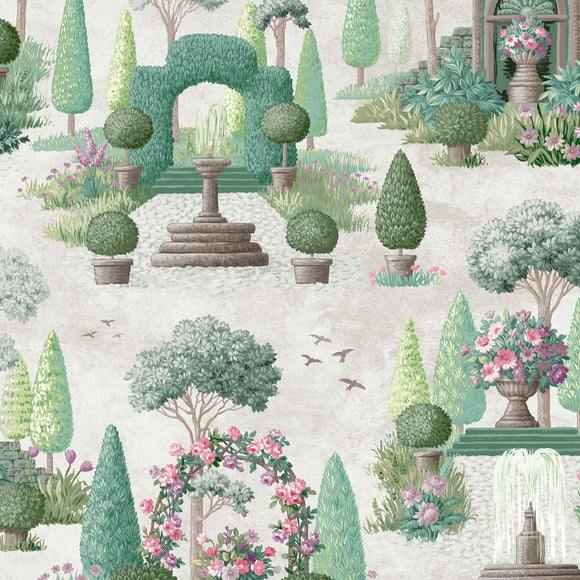 Experience the charm of Naunton Folly wallpaper, featuring a bespoke painted garden scene.