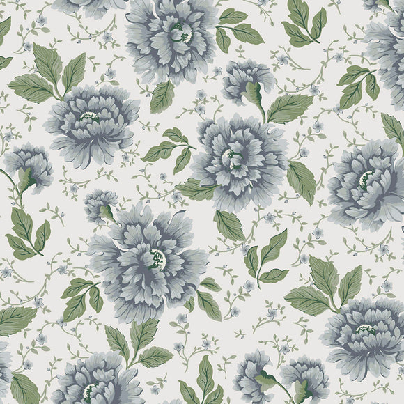 Pale seaspray blue Pickworth Posy wallpaper featuring an elegant gouache painted print with carnations and peonies.