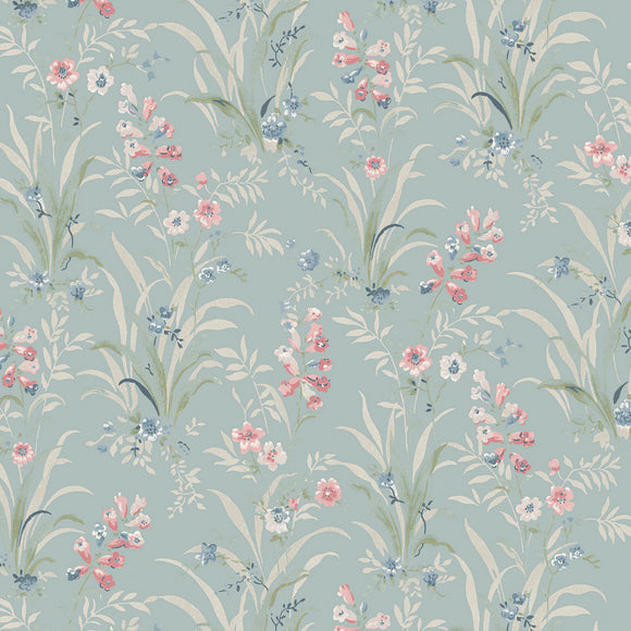 Dark Duck Egg Blue Mosedale Posy wallpaper inspired by a late '90s antique sample, featuring snapdragons and foliage.