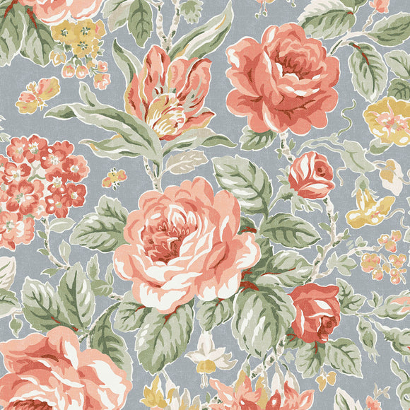 Ochre Yellow Wild Roses wallpaper adorned with sprays of roses, magnolias, and fuchsias, complemented by scattered butterflies.
