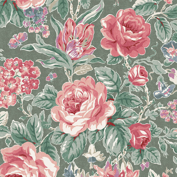 Fern Green Wild Roses wallpaper, featuring welcoming sprays of roses, magnolias, and fuchsias with scattered butterflies.