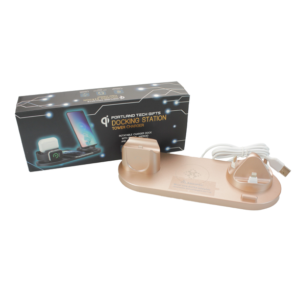 Multi Charging Docking Station Gold Rose picture of the charger and the box