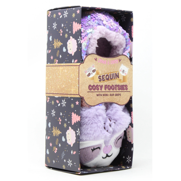 Sequin Raccoon Footsies – Cozy Purple Slippers | Personal Care Gifts