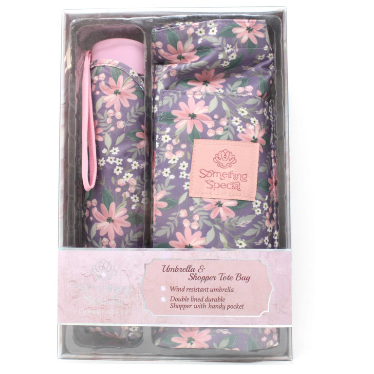 Mauve Floral Umbrella and Tote Bag Set – Wind-Resistant Gift Collection