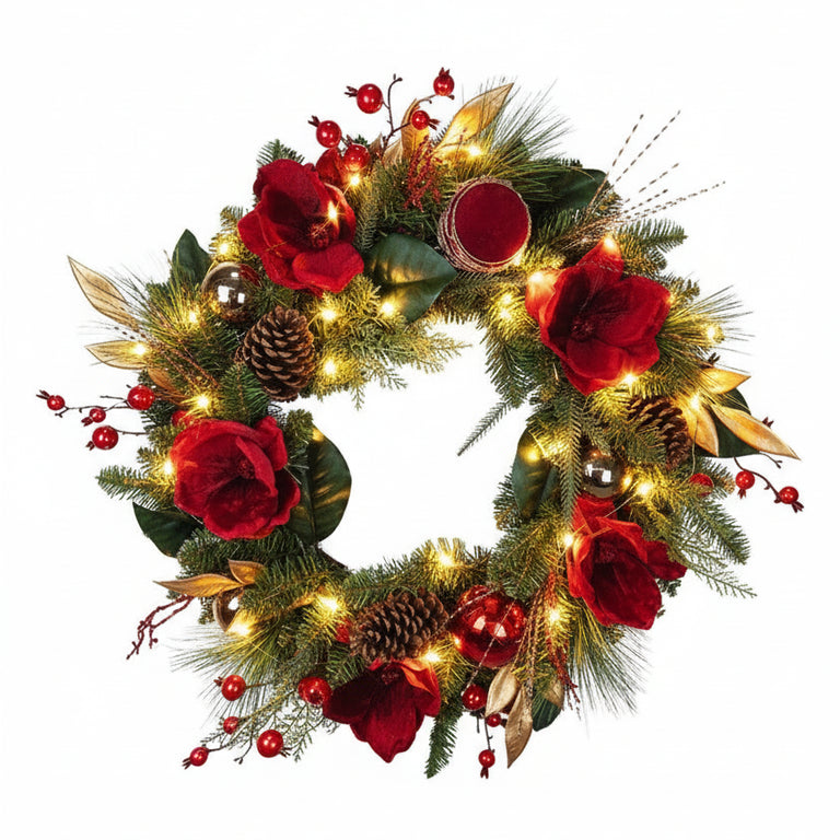 Deep Red Christmas Wreath with LED Lights – Front Door Decor