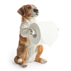 Decorative dog toilet roll holder for bathroom decor.