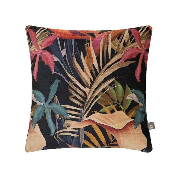 Navy scatter cushion with tropical theme, 43x43cm.