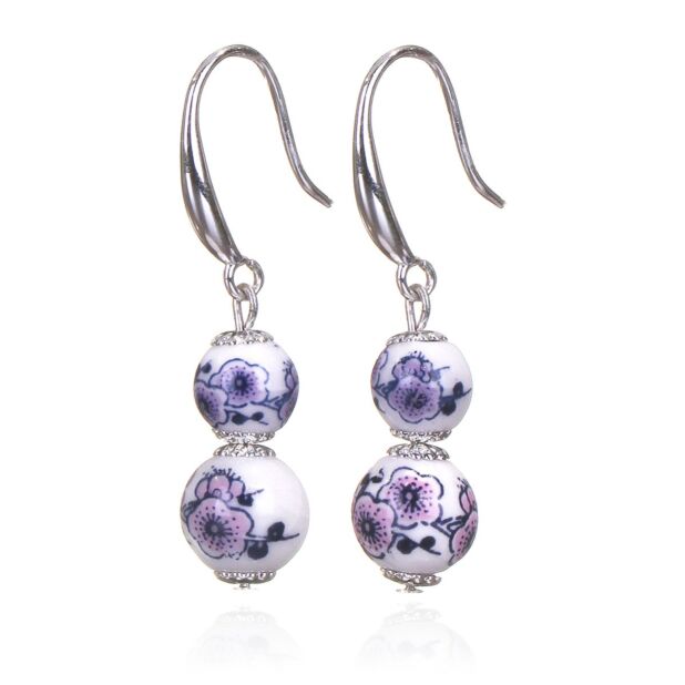 Ceramic Floral Double Silver Plated Earrings