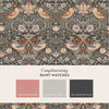 Charcoal-toned Strawberry Thief wallpaper with pastel accents