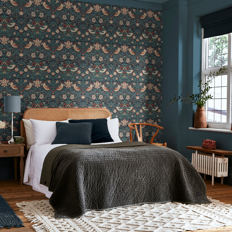 William Morris Wallpaper Strawberry Thief Deep Blue