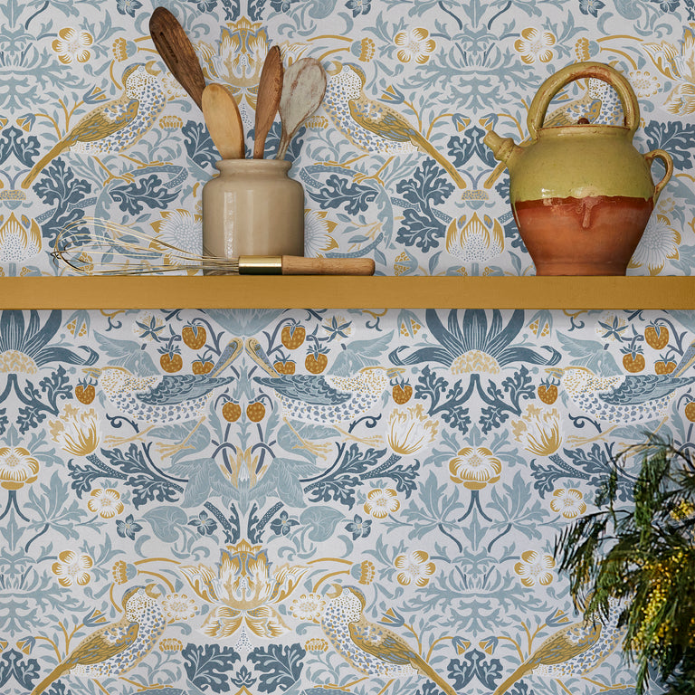 William Morris Wallpaper Strawberry Thief Soft Blue