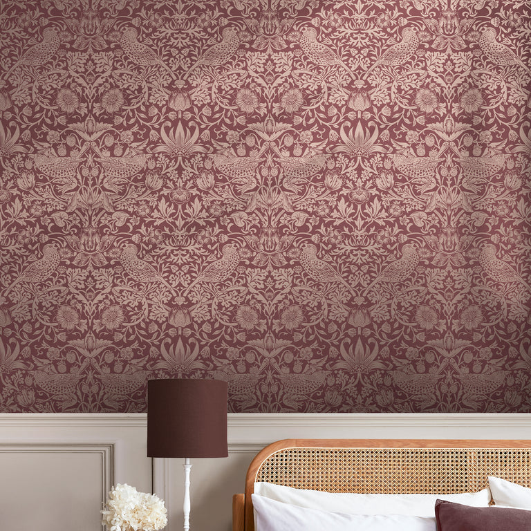William Morris Wallpaper Strawberry Thief Fibrous Burgundy