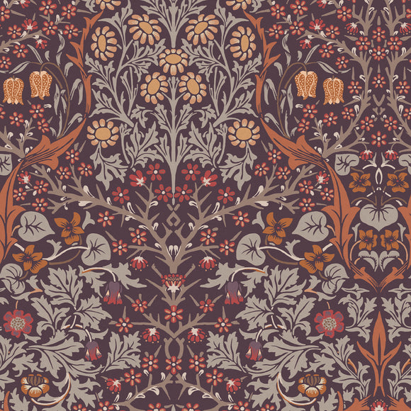 William Morris Blackthorn Plum wallpaper featuring rich plum background
