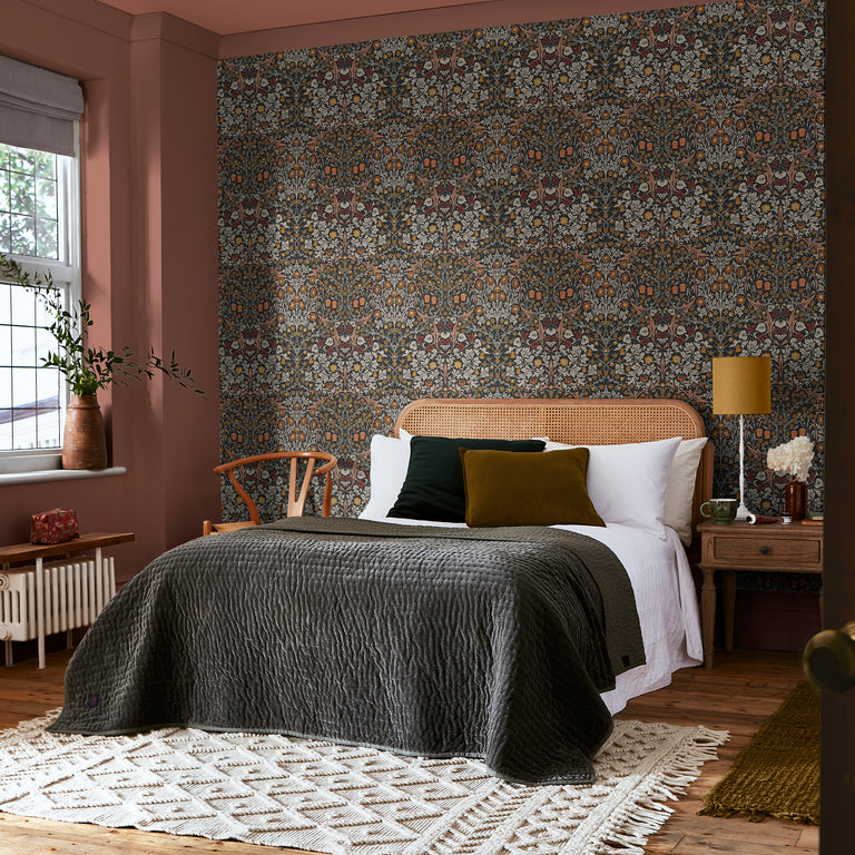 William Morris Wallpaper Blackthorn Charcoal and Burnt Orange