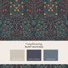 Timeless Blackthorn Navy wallpaper showcasing creamy yellows and rosy reds