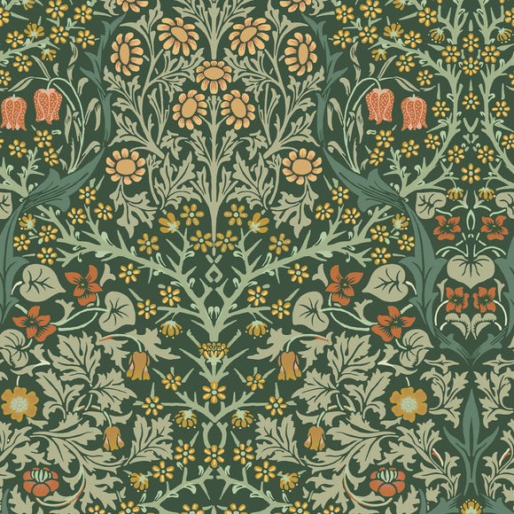 William Morris Blackthorn Deep Green wallpaper with floral pattern