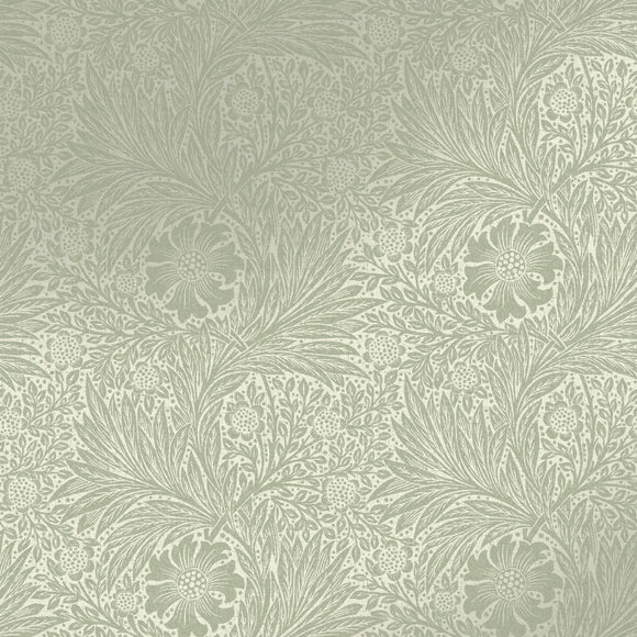 William Morris Marigold Fibrous Sage wallpaper with soft gold metallic print