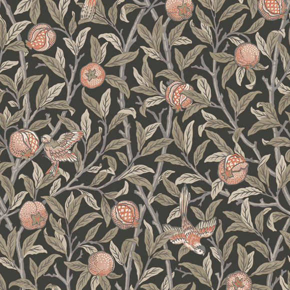 William Morris Bird and Pomegranate Charcoal wallpaper featuring vibrant pastel tones