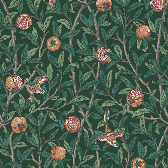 William Morris Bird and Pomegranate Deep Green wallpaper featuring vibrant design