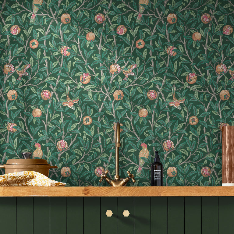 William Morris Wallpaper Bird and Pomegranate Deep Green