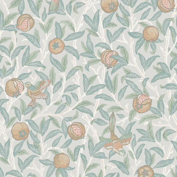 William Morris Bird and Pomegranate Duck Egg wallpaper featuring delicate pastel design