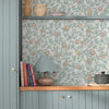 Elegant Bird and Pomegranate Duck Egg wallpaper with light grey and pastel accents