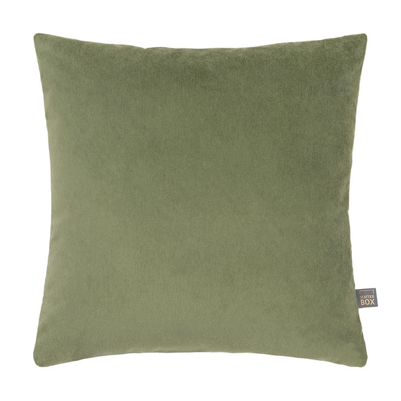 Luxurious 58x58cm green velvet cushion with knife edge finish.