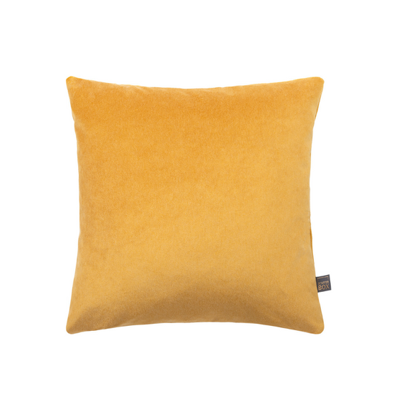 Elegant 45x45cm yellow velvet cushion with knife edge finish.