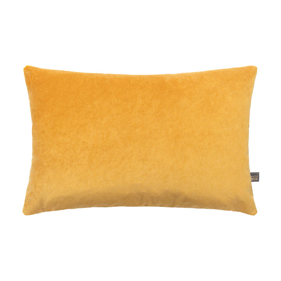Opulent 40x60cm yellow velvet cushion with knife edge finish.