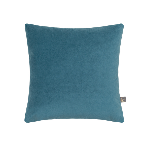 Teal velvet scatter cushion with knife edge finish, 45x45cm.